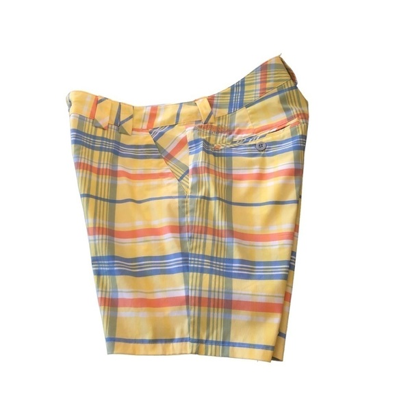 Columbia Titanium Plaid Bermuda Shorts Stretch Yellow/Blue Pockets Sz. 8 Summer - Picture 1 of 6